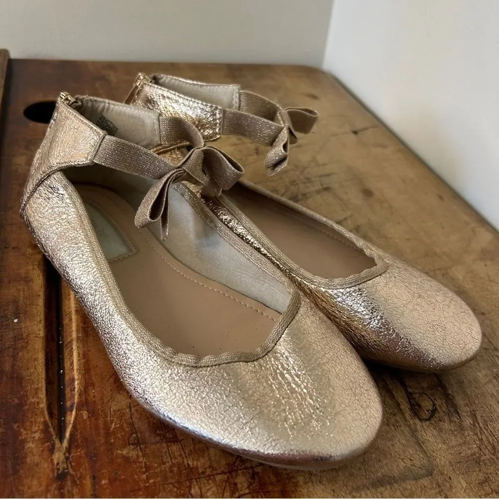 Kenneth Cole Rose Gold Metallic Ankle Strap Flats Shoes Bow Detail Girls 4.5